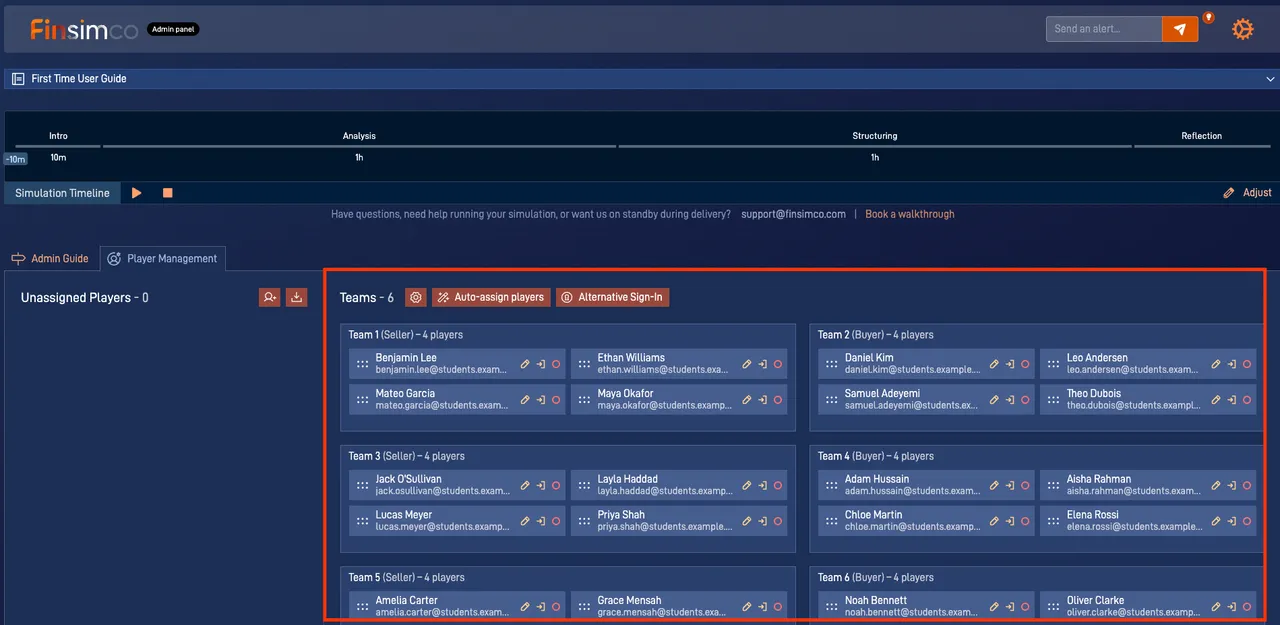 M&A simulation showing how to manage participants and teams