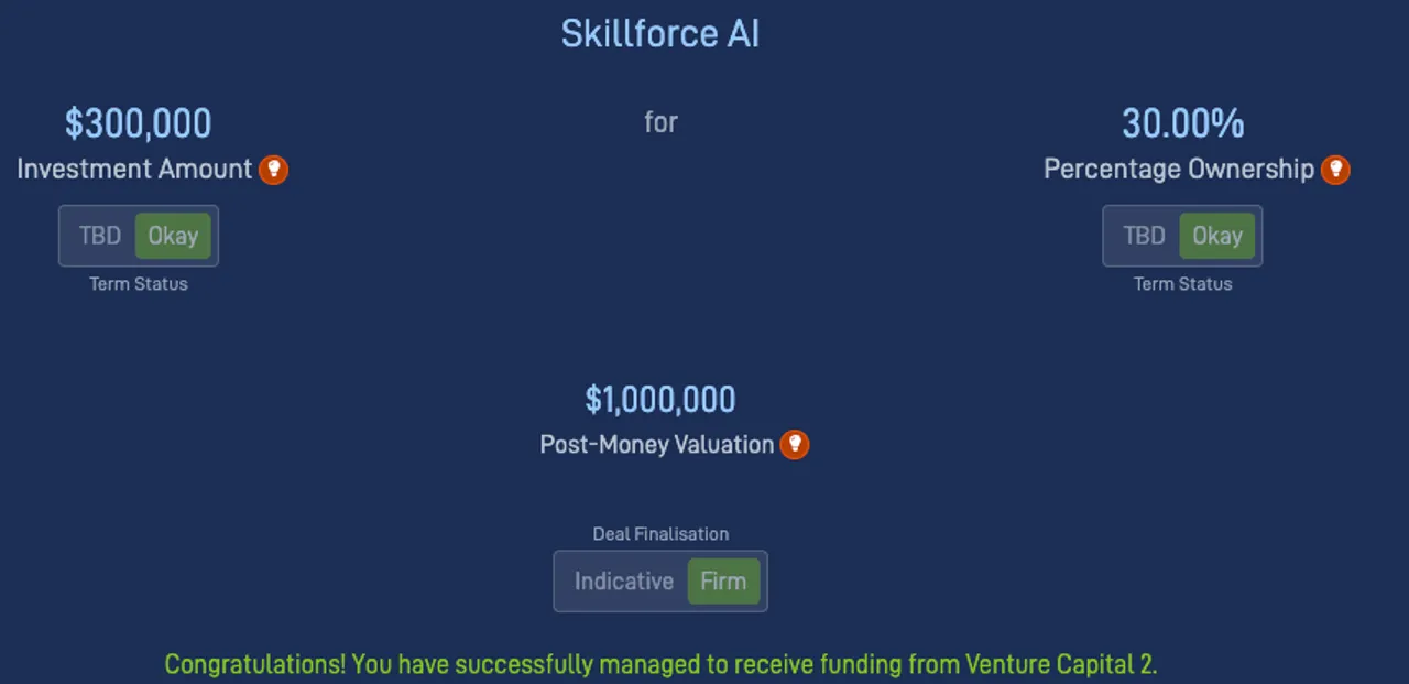 Startup Creation simulation showing the final deals