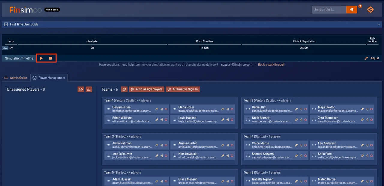 Startup Creation admin panel showing how to start the simulation and manage controls