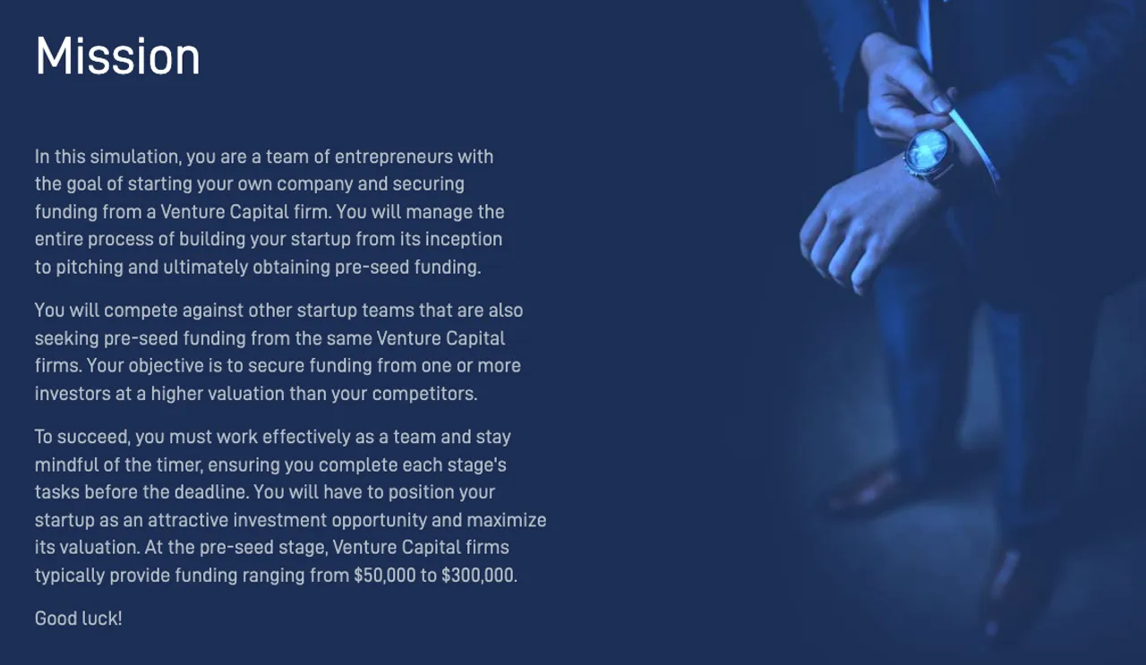 Startup Creation simulation showing your role and mission