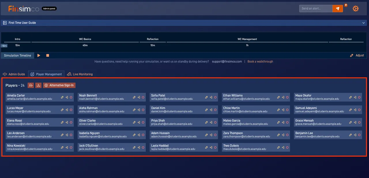 Working Capital Management admin panel showing how to add individual participants