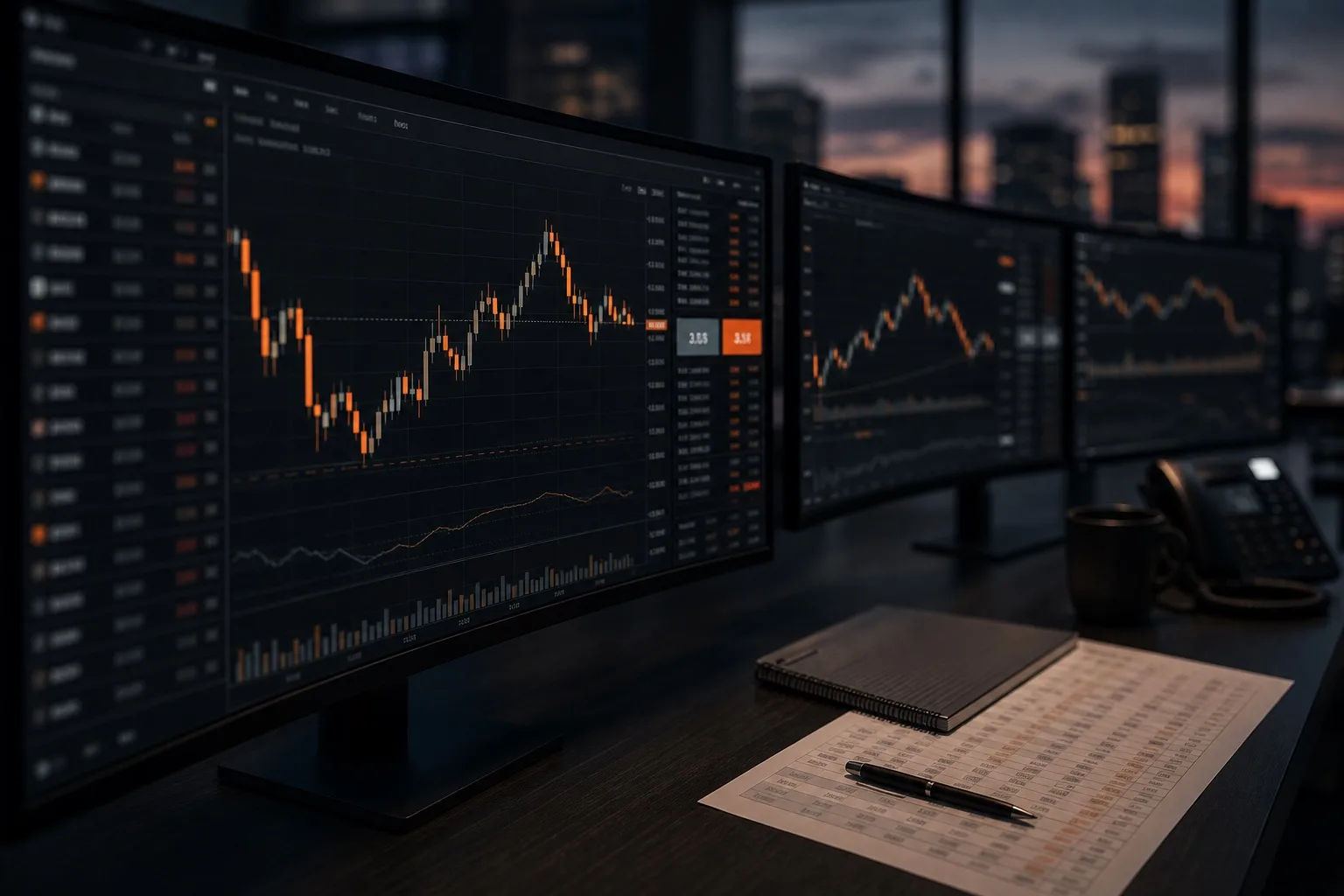 Layered trading monitors in a dim bank dealing room showing orange candlestick charts on charcoal interfaces, with a notebook, pen and printed price ladder on the desk in the foreground