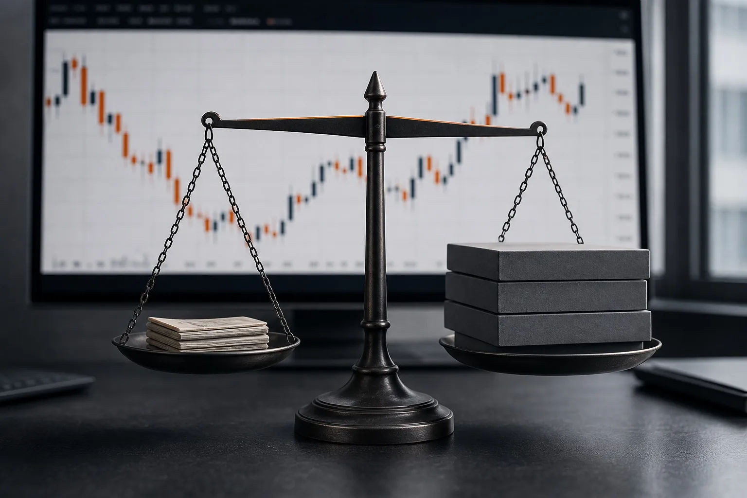 A balance scale with a small stack of papers on one pan and a much larger stack of blocks on the other, in front of a softly blurred candlestick chart screen, illustrating small collateral supporting a larger leveraged position