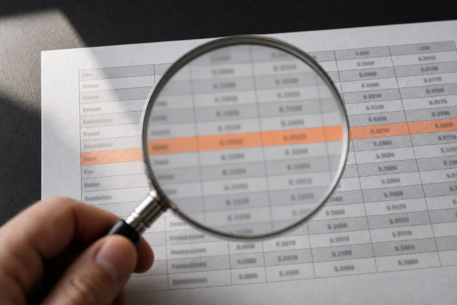 A magnifying glass held over a printed foreign-exchange quote table, one row highlighted in orange, digits softly blurred