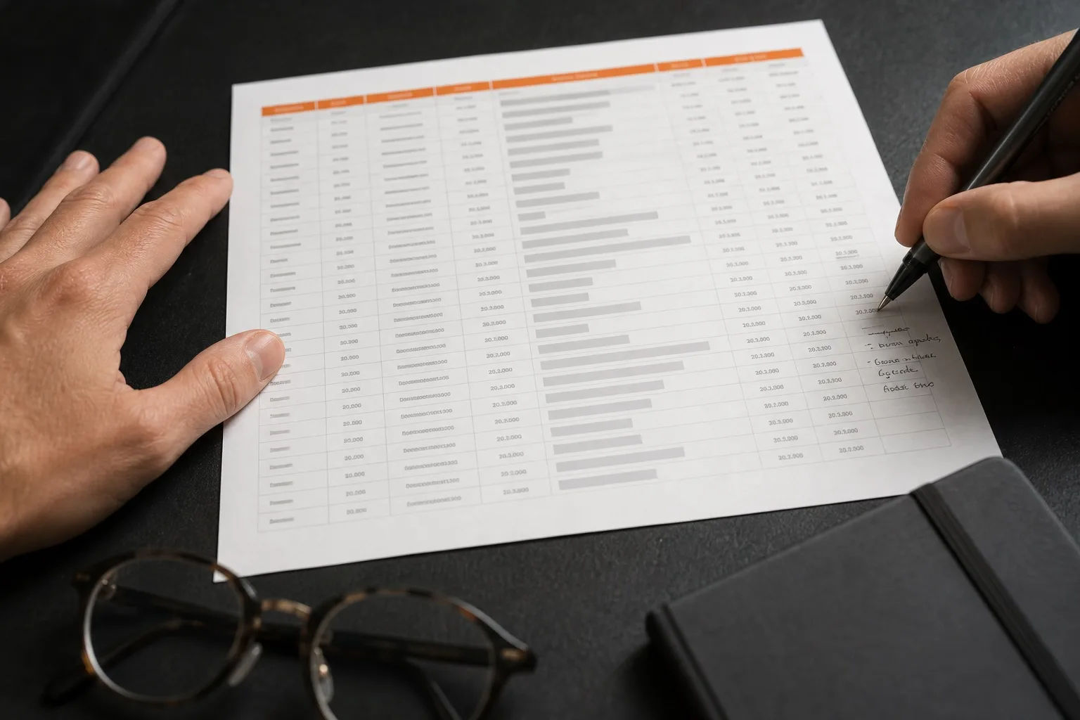Printed comparison sheet of currency-pair spread ranges on a charcoal desk, one column showing visibly different spread widths, orange header accents, no readable text