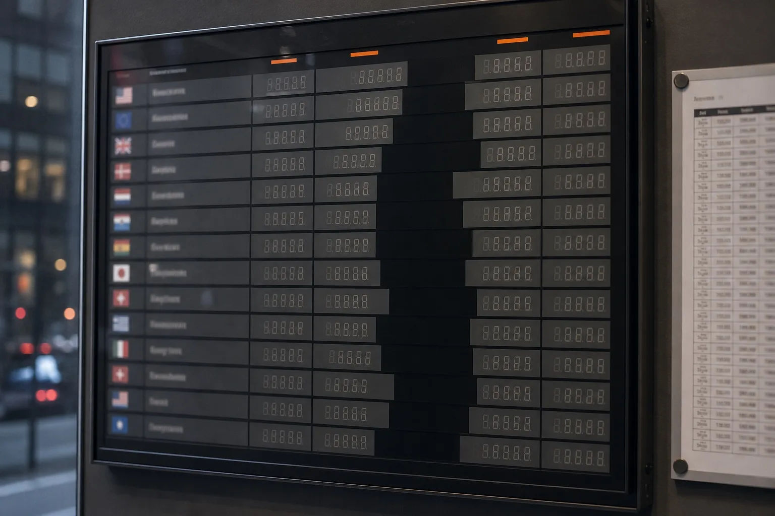 Currency exchange rate board at dusk with the gaps between buy and sell price columns visibly widened on several rows, beside a pinned daily financial calendar sheet