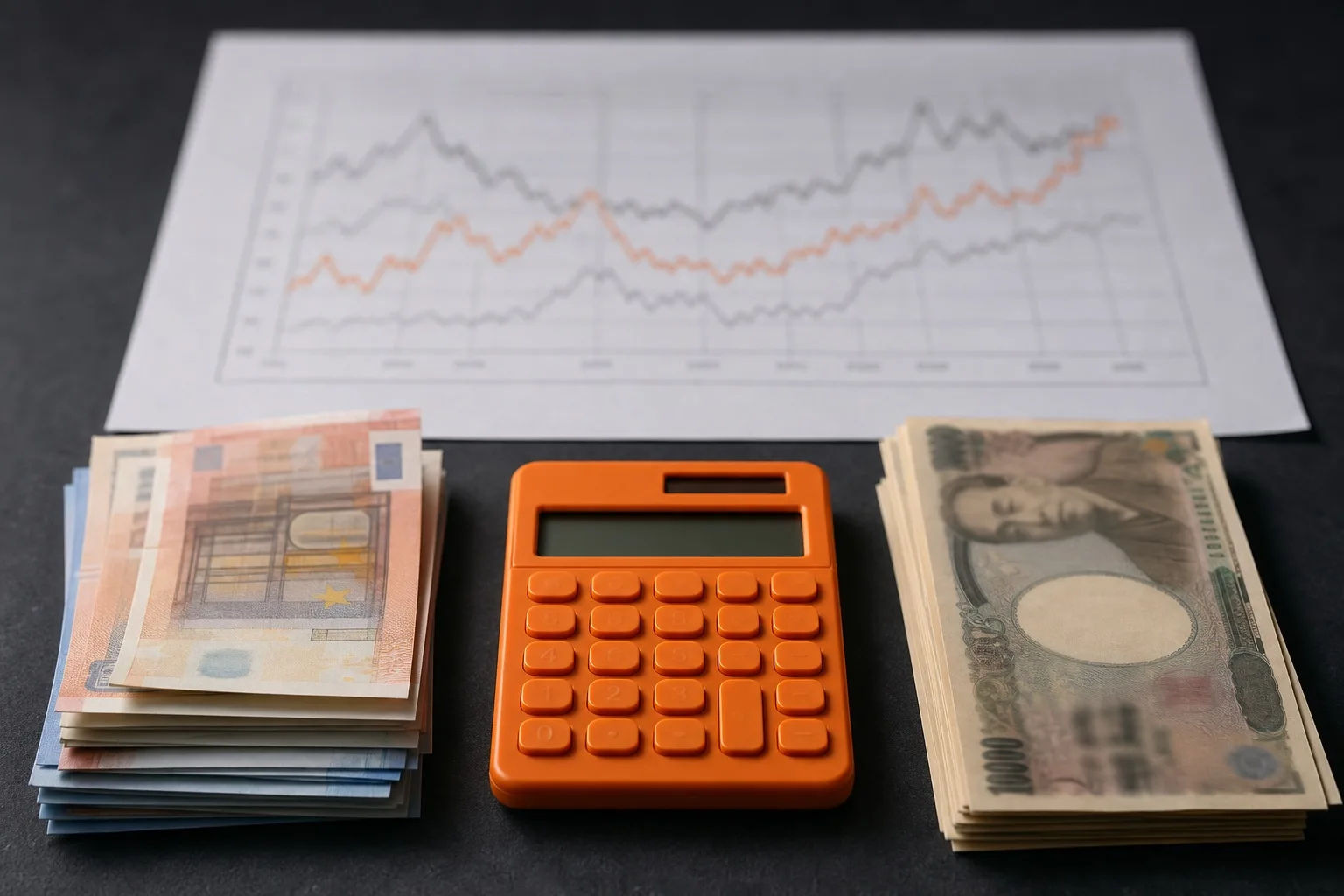 Stacks of euro and yen banknotes beside an orange calculator in front of a printed exchange-rate chart
