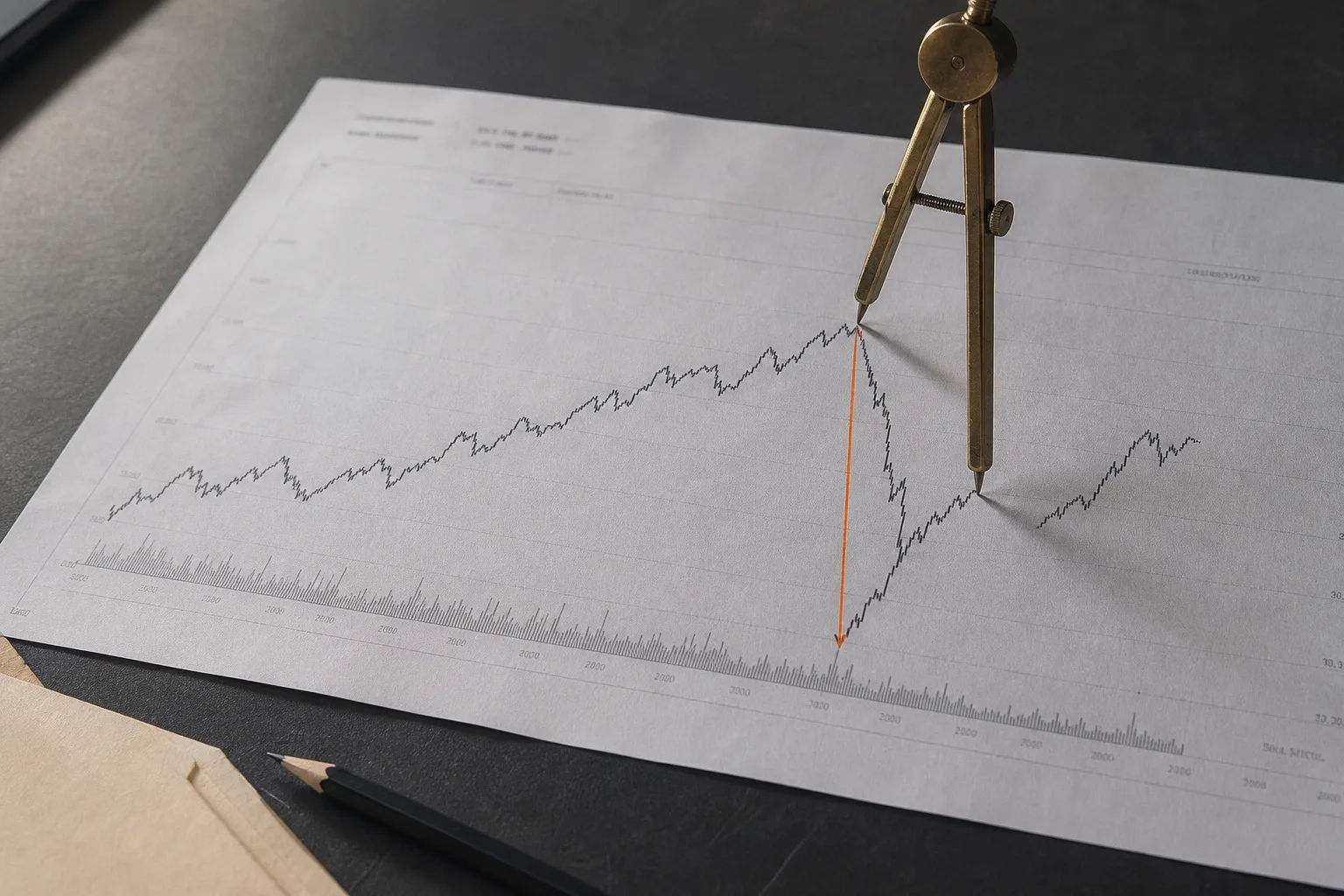 Printed equity-curve chart on a dark desk showing a peak, a deep drawdown trough and a shallow recovery, with a brass drafting compass measuring the decline marked in orange