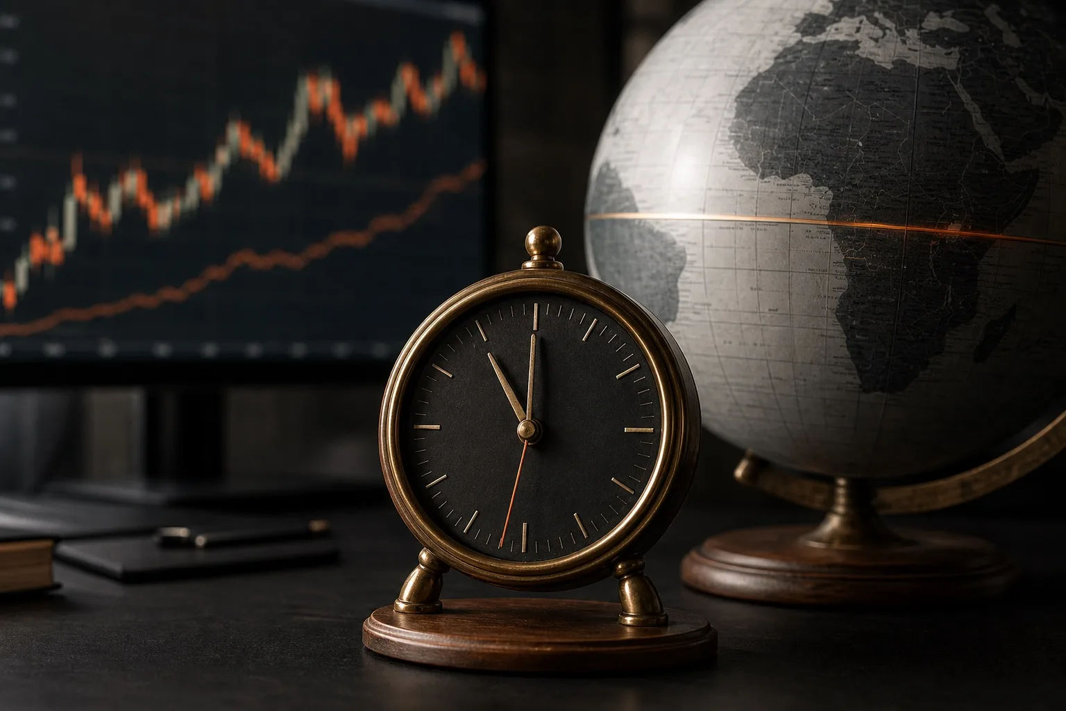 An analog desk clock in front of a world globe with a blurred candlestick chart on a monitor behind, conveying the 24-hour forex trading sessions