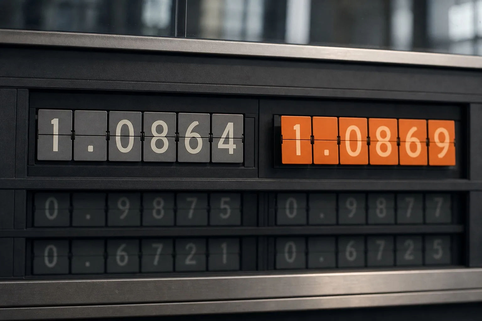 A split-flap price board showing a requested price in gray and an offset orange fill price beside it, illustrating forex slippage