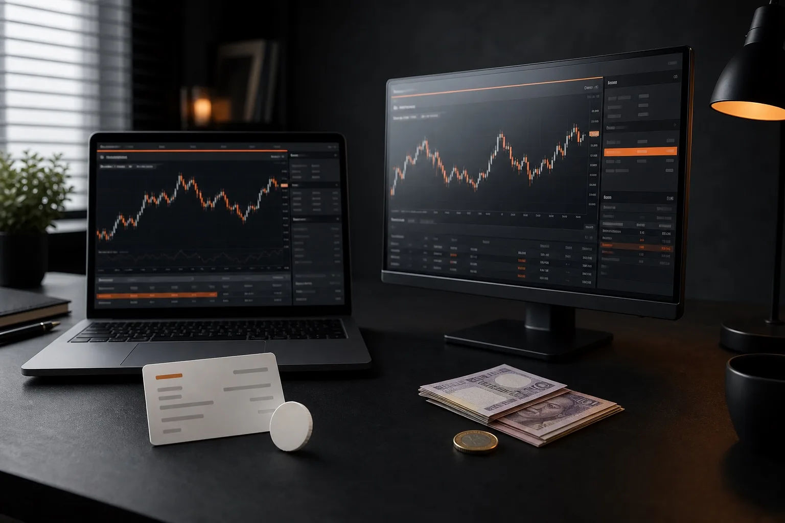 Two trading screens on a charcoal desk: a laptop with a practice-account card and token beside it, and a monitor with banknotes and a coin, comparing simulated versus real-money forex trading.