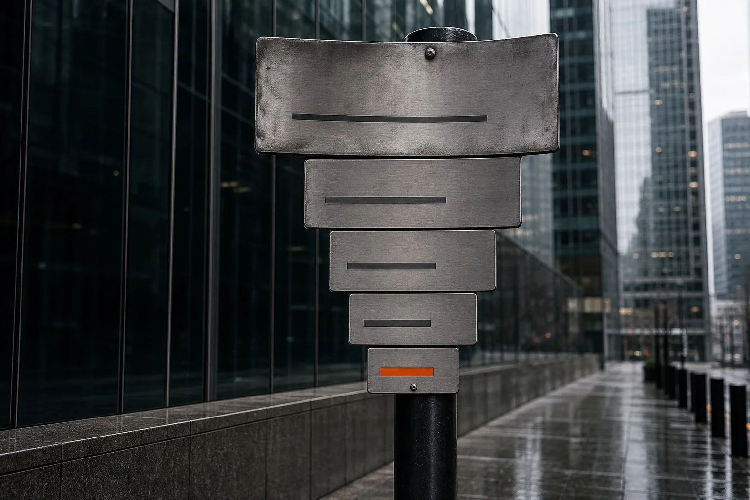 A stepped metal signpost with five descending plates, one finished in orange, standing before financial-district office towers in soft rain light, illustrating tiered retail leverage limits