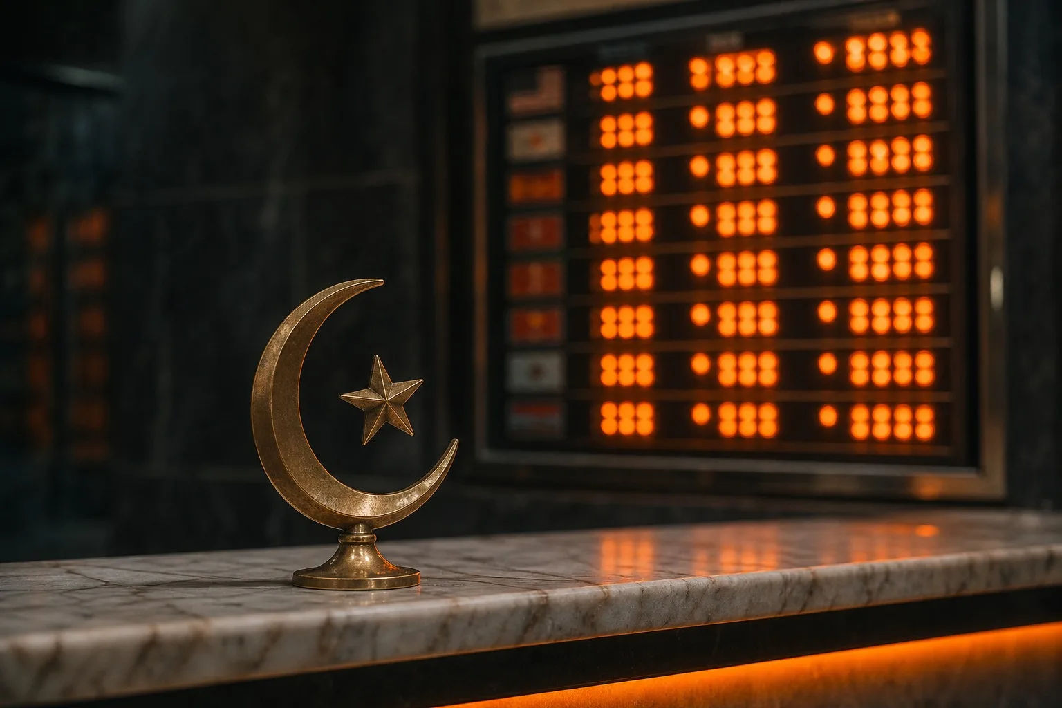 Brass crescent-and-star ornament on a marble money-changer counter in front of a softly glowing, out-of-focus currency exchange rate board