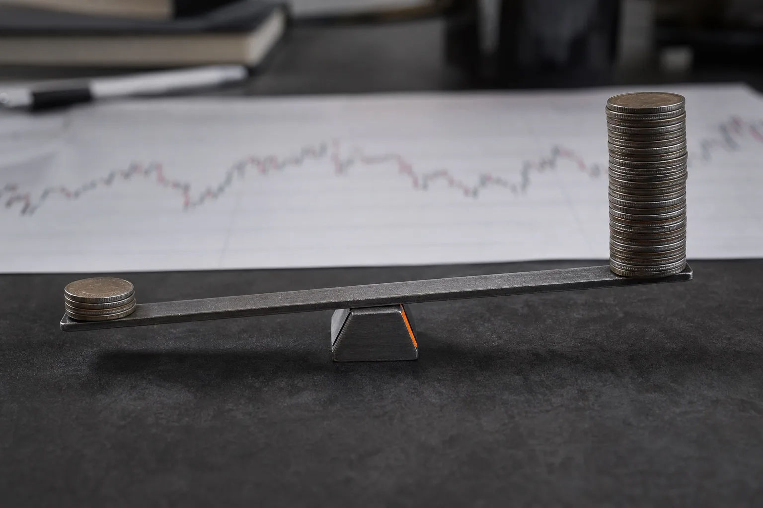 Steel lever on a fulcrum lifting a tall stack of coins with a small stack of coins at the effort end, a printed candlestick chart blurred behind, on a charcoal desk with a restrained orange accent on the fulcrum