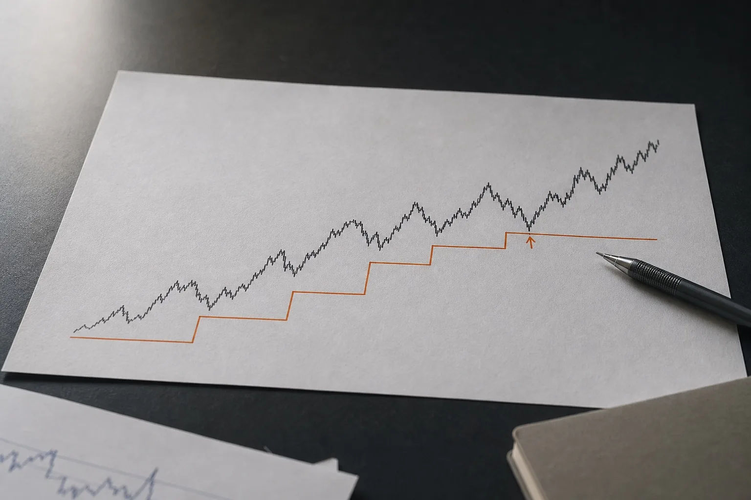 A printed forex price chart on a charcoal desk with an orange stepped trailing-stop line ratcheting beneath rising price peaks and an arrow at the touch point.