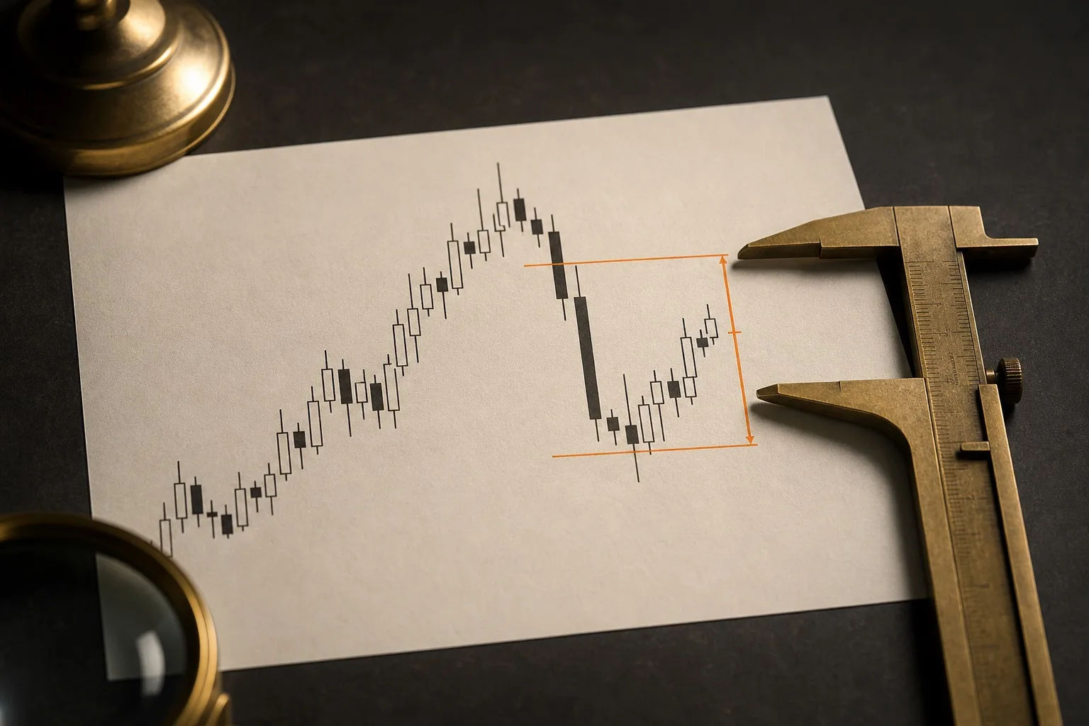 Editorial still-life of a printed candlestick chart with an orange range band bracket and a brass caliper on a charcoal desk, illustrating measured price volatility