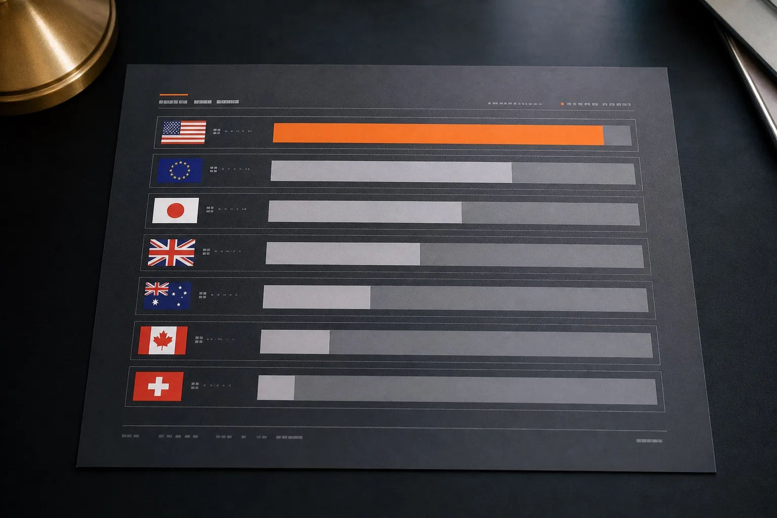 Printed currency strength comparison board on a dark desk: seven national flags beside horizontal bars of differing lengths, one bar highlighted in orange