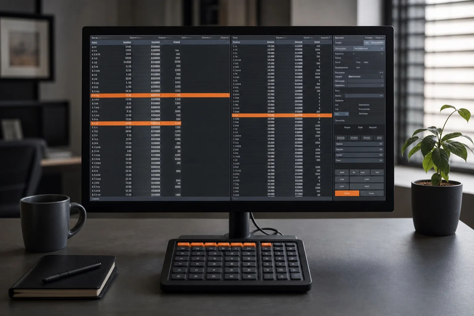 A trading workstation monitor showing a vertical price-ladder order book with orange-highlighted working orders above a trading keypad