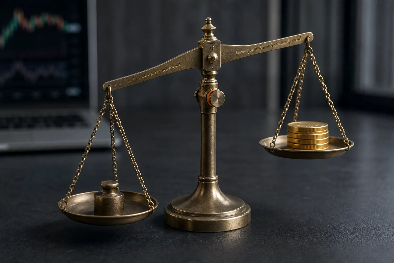 A brass balance scale on a dark desk with a single small weight on one pan and a stack of gold coins on the other, the weight side sitting lower.