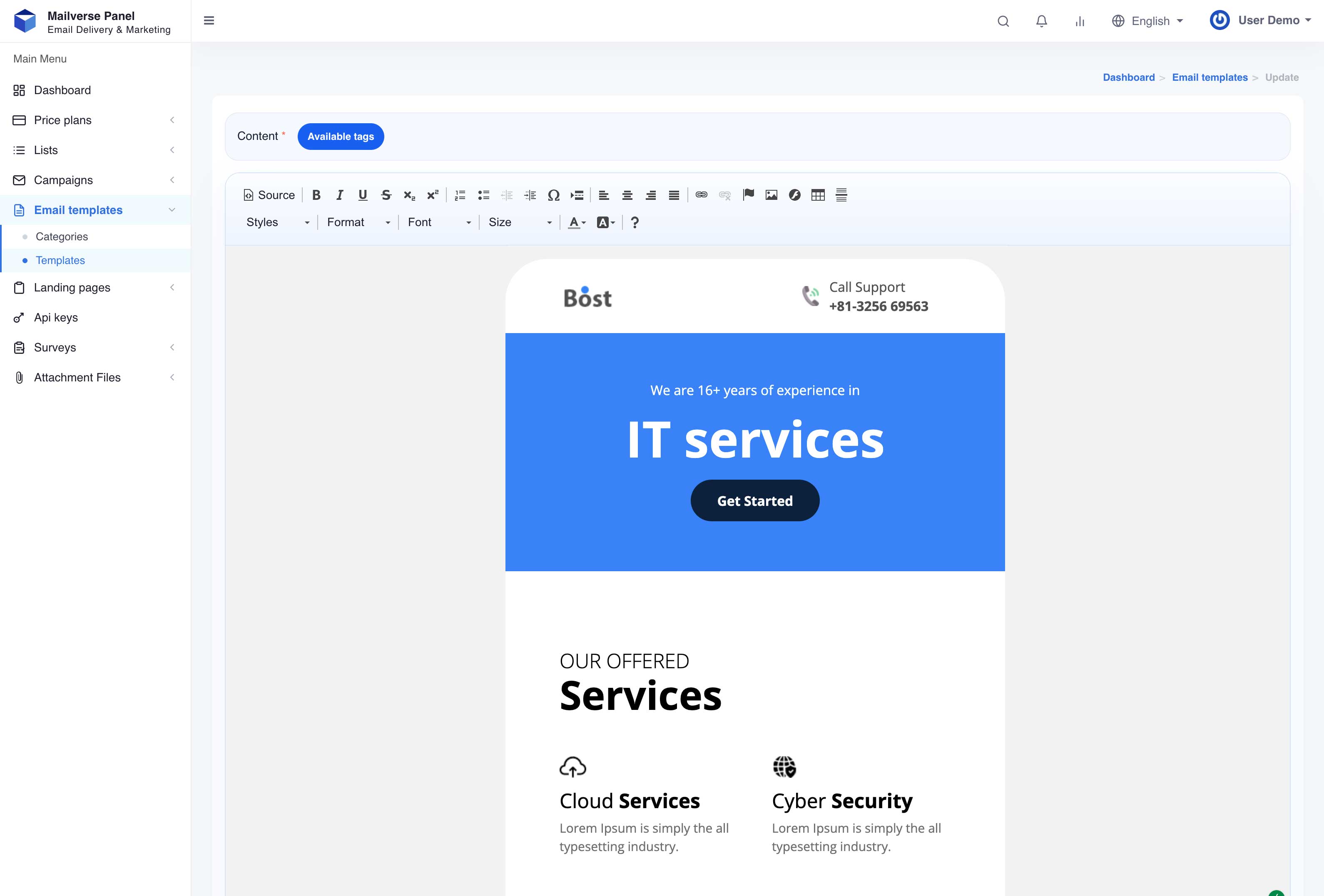 Tampilan dashboard customer Mailverse