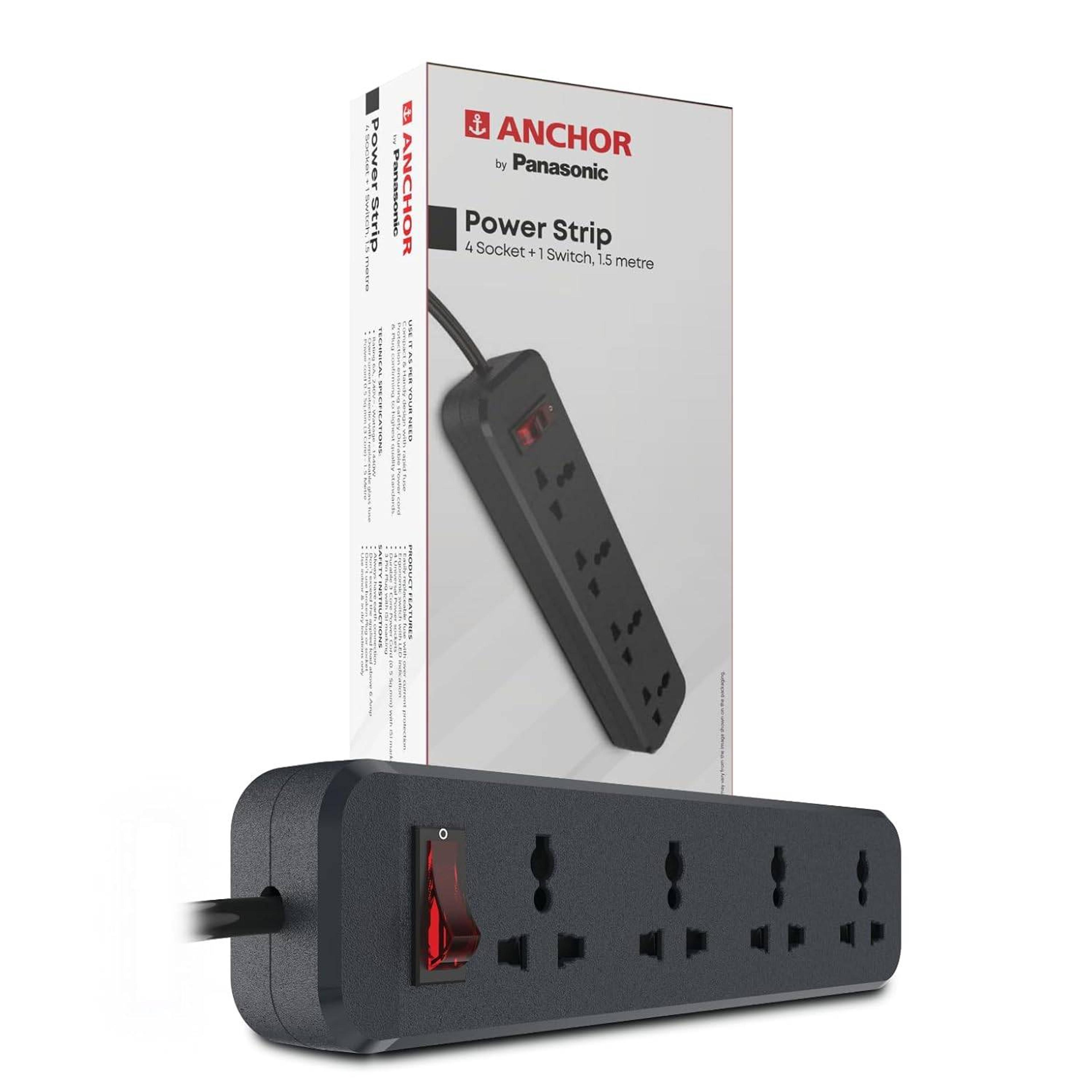 Anchor By Panasonic 6A Power Strip with 4 Universal Sockets with Master Switch & 1.5 Mtr Long Wire - View 2
