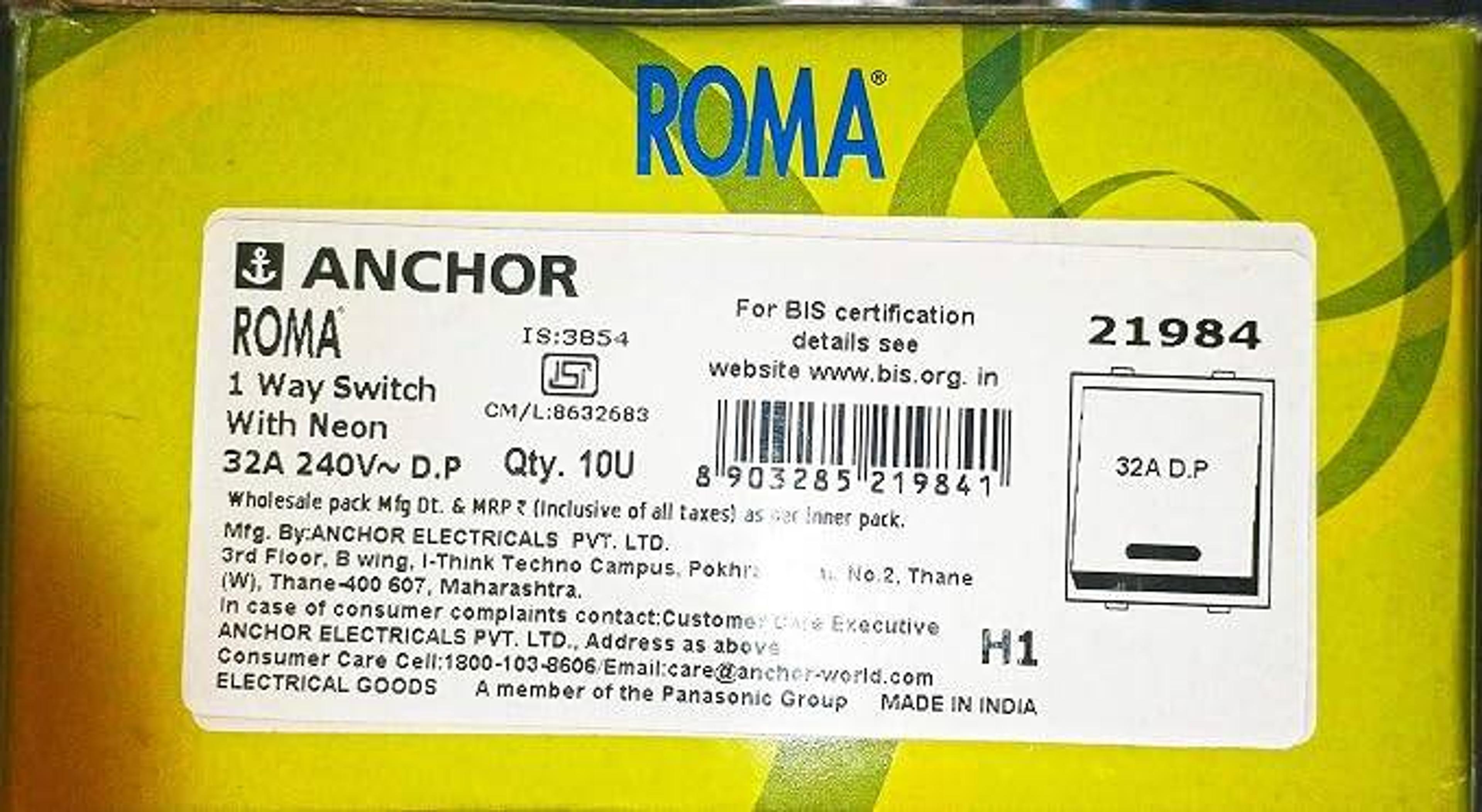 Anchor by Panasonic Anchor ROMA 32A DP 1 Way Socket with Neon - View 3