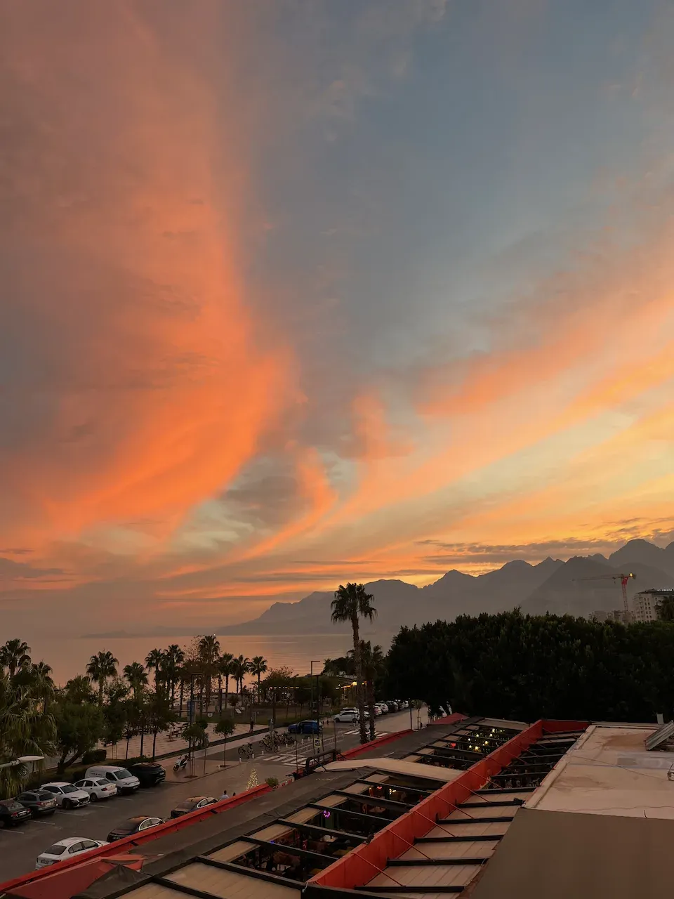 Vibrant orange sunset over a coastal city with mountains, palm trees, and parked cars.