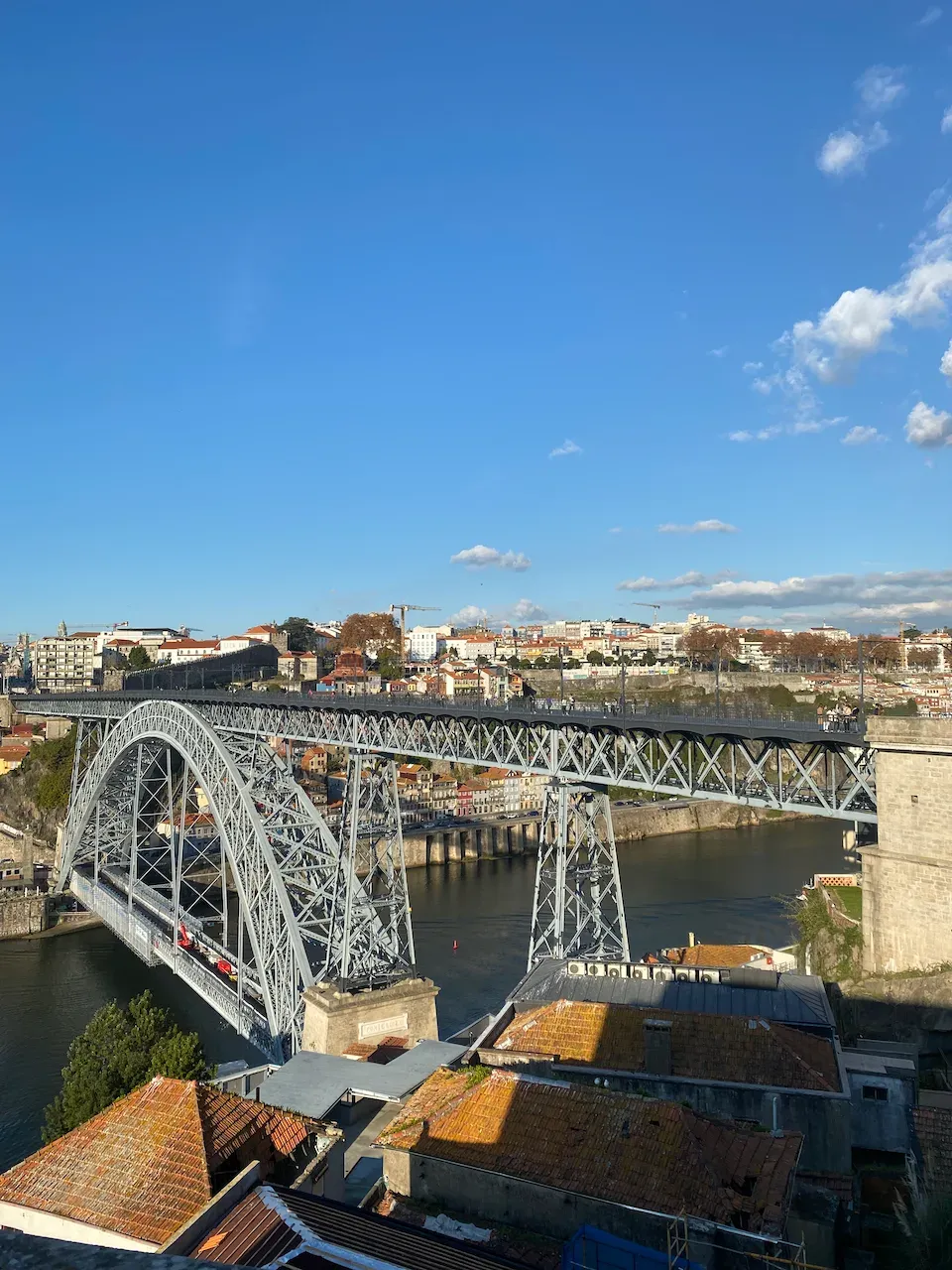 High-angle view of the Dom Luís I Bridge spanning the Douro River in Porto.