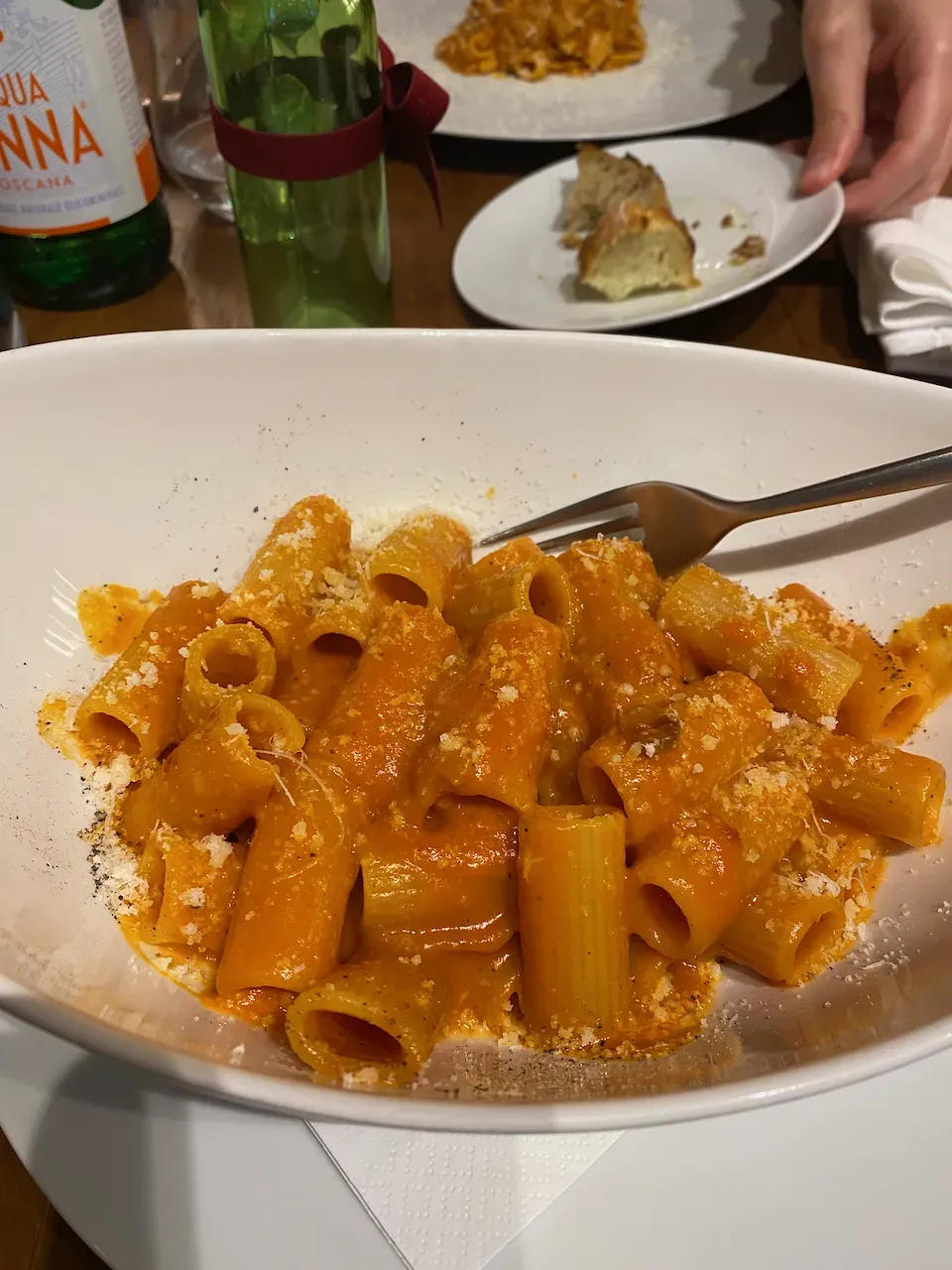 Close-up of rigatoni pasta in creamy tomato sauce topped with grated cheese in a white bowl.