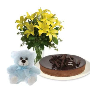 Lilies Bouquet With Cake And Teddy