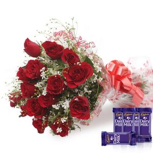 Dozen of Roses Flower with Dairy Milk Chocolates