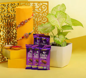 Pair of Rakhi with Syngonium and Dairy Milk Bliss