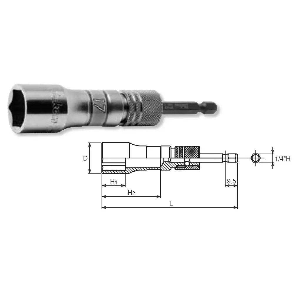 BD042E-17 | 1/4 Hex Dr. Long Socket 17mm 6 point 111mm Exchangeable Drive shank image 1