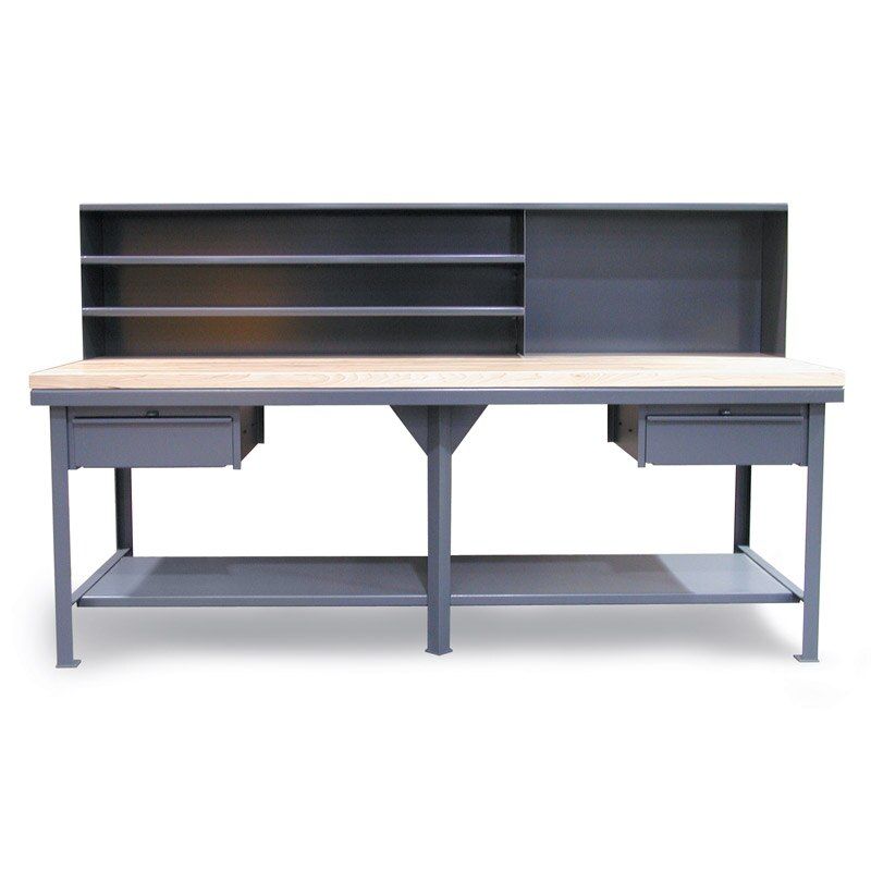 T9636-MBS-2DB-MT | 2 drawer Shop Table with maple top and riser shelf 11250 lb capacity, 96 x 36 x 34 in. image 1