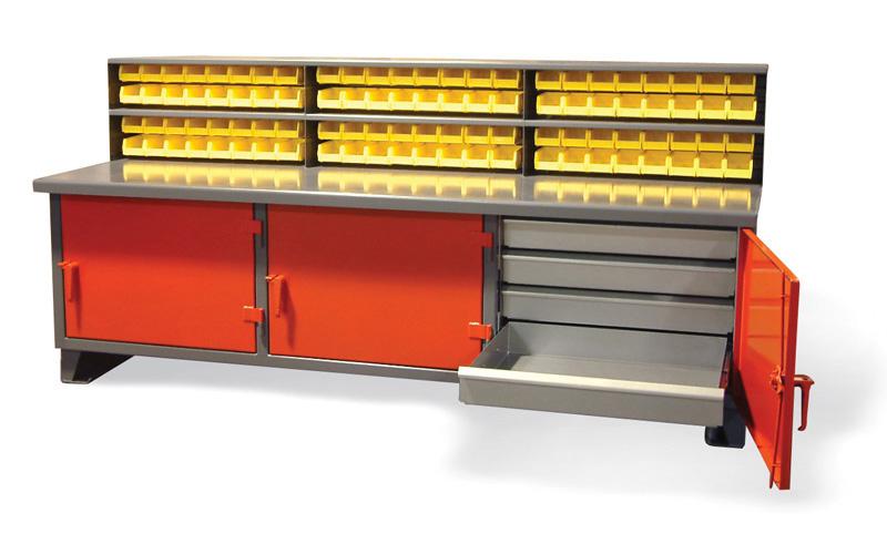 WB-15329 | 2 shelf 4 drawer Triple-Shift Workbench with bins and lockable doors, 400 lb capacity, 108 x 30 x 34 in. image 1