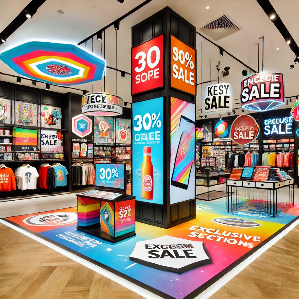 A modern retail digital signage display showing dynamic content in a store window