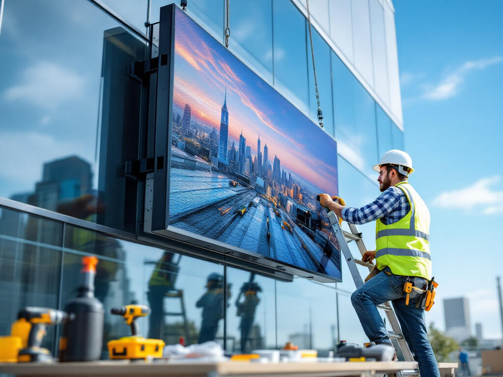 Digital signage installation by technician