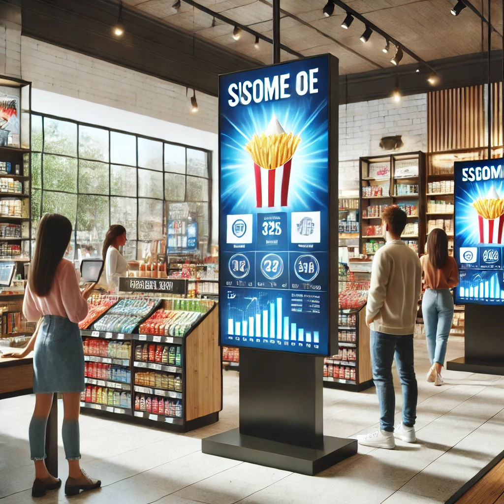 A modern retail digital signage display showcasing analytics and customer interaction