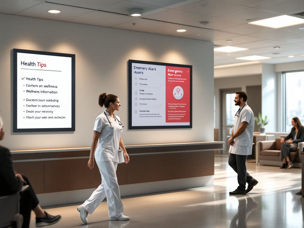 Hospital lobby with digital signage showing healthcare information