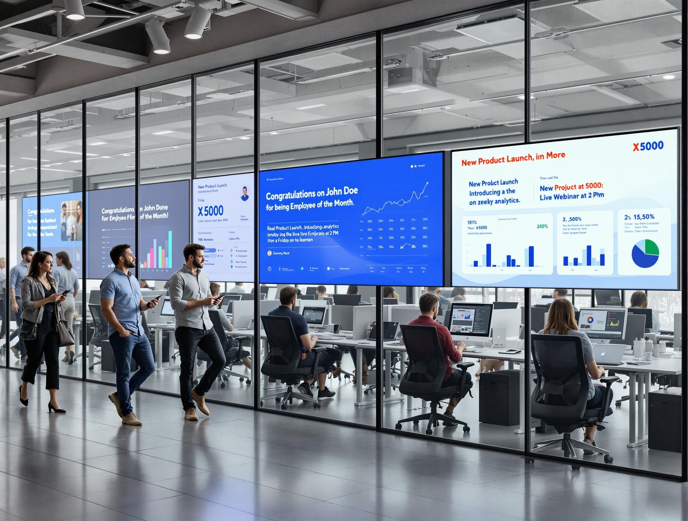 Corporate office with digital signage showing company metrics and news
