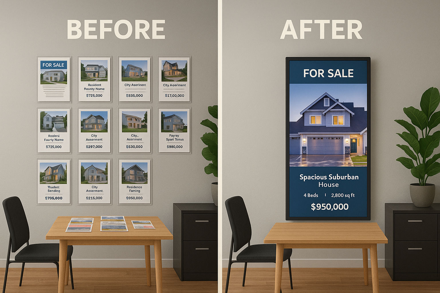 Real estate digital signage example showing property listings