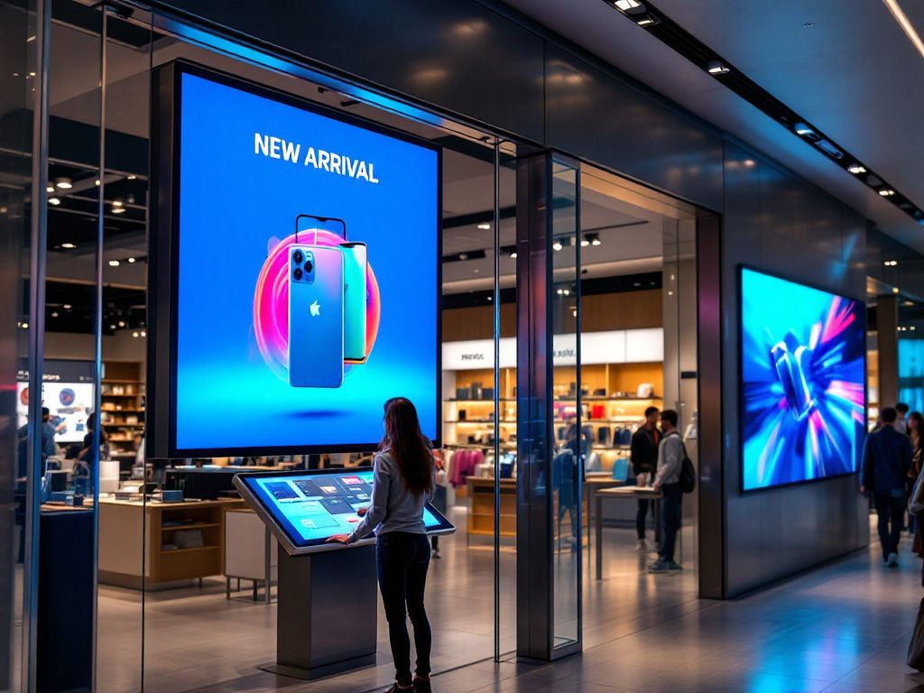 Retail store with digital signage displays showing promotional content