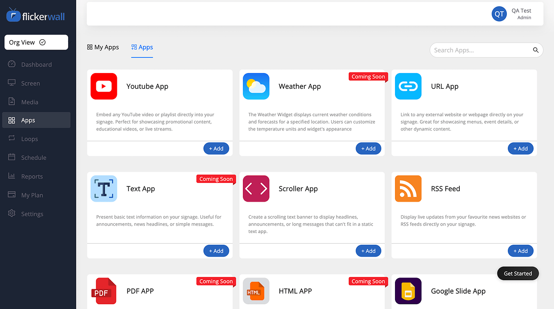 Flickerwall Content Apps library showing various app options