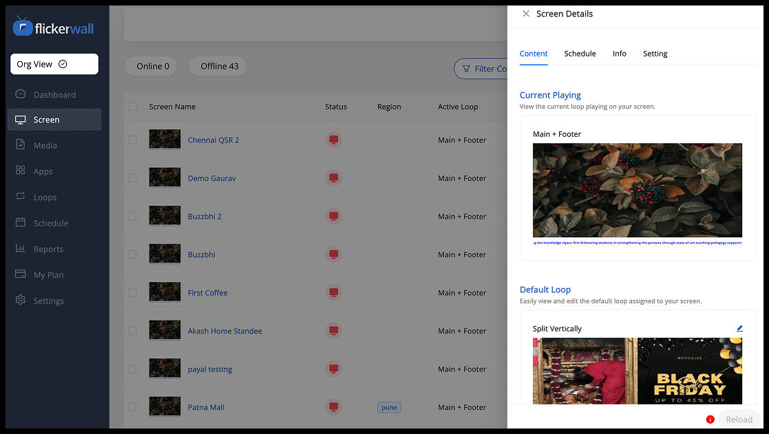 Screen management interface showing digital signage control