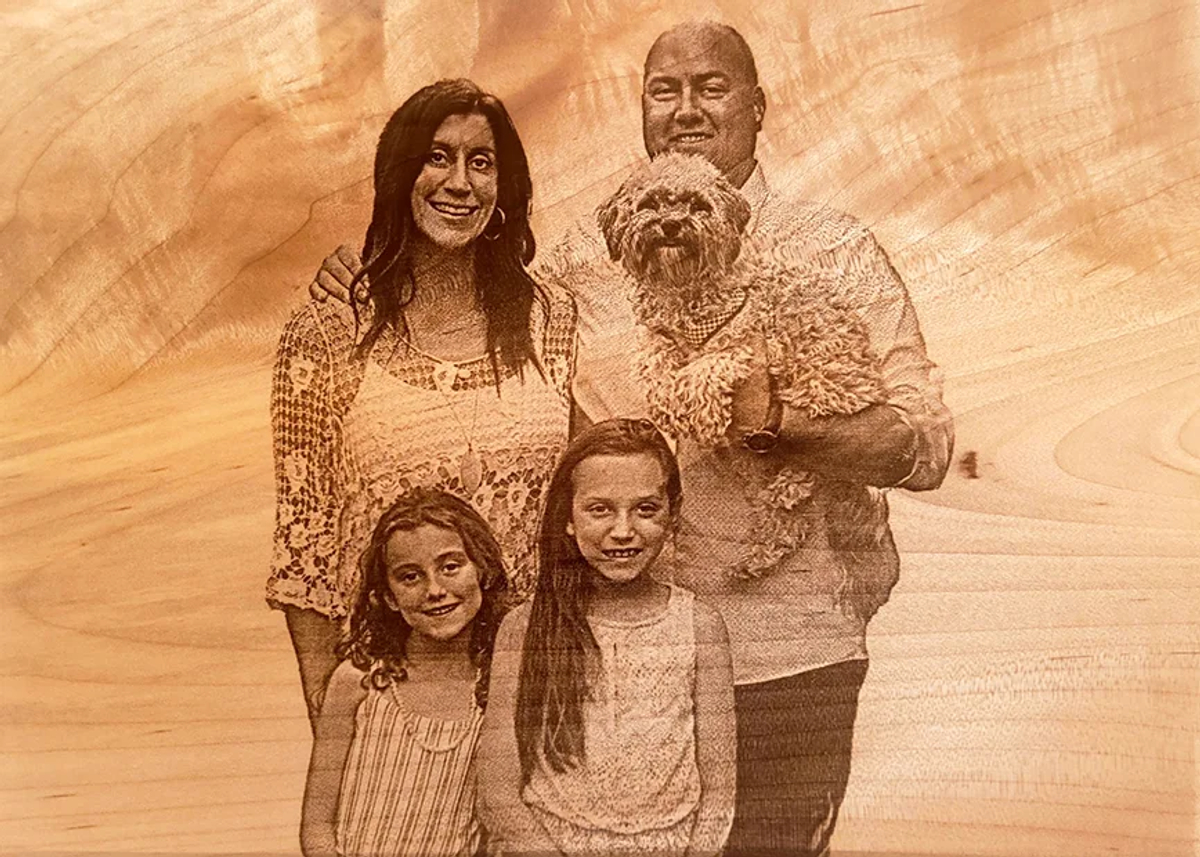 Laser engraved portrait on a maple hardwood urn lid by Flint's Woodshop
