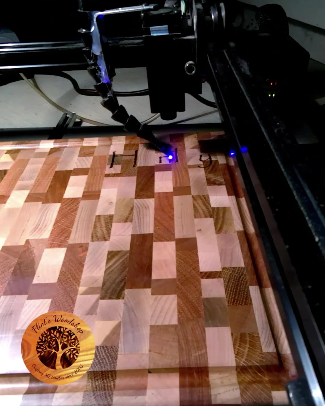 A close-up of an end-grain cutting board