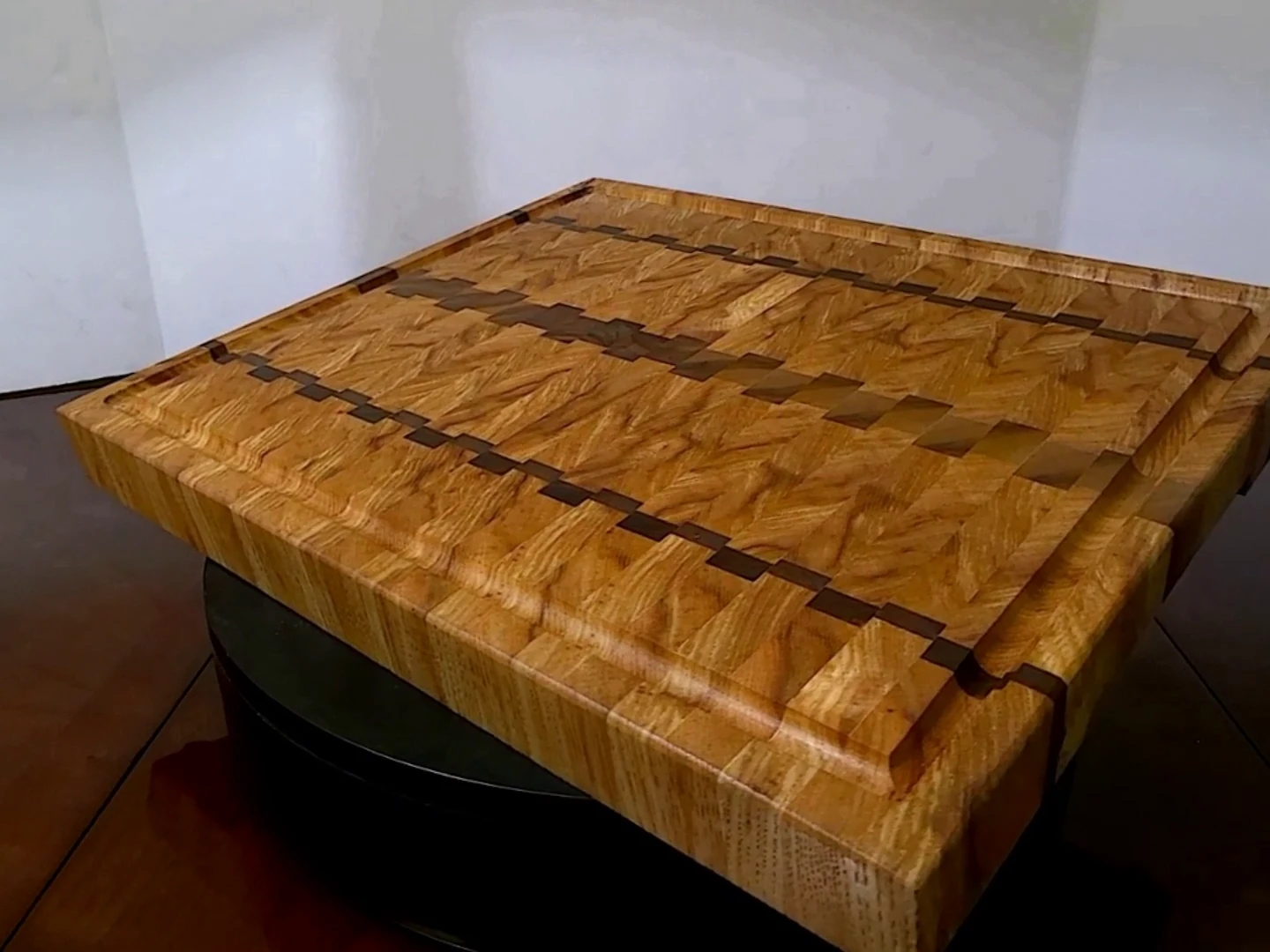 Side view of Michigan Crafted End-Grain Charcuterie Board, hand-rubbed