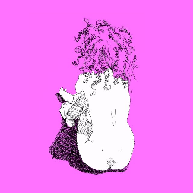 Pink illustration of a person drawing