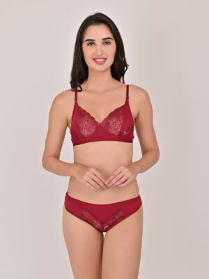 Maroon Lace Bra And Panty Set – Wire-Free, Non-Padded, Soft Lace Design (Pack of 1)