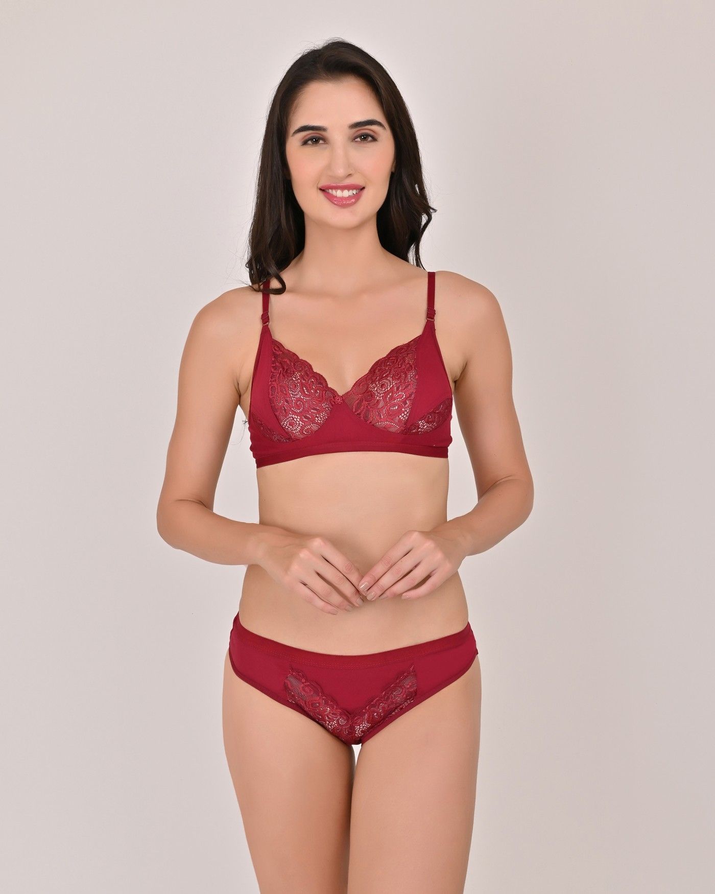 Maroon Lace Bra And Panty Set – Wire-Free, Non-Padded, Soft Lace Design (Pack of 1)